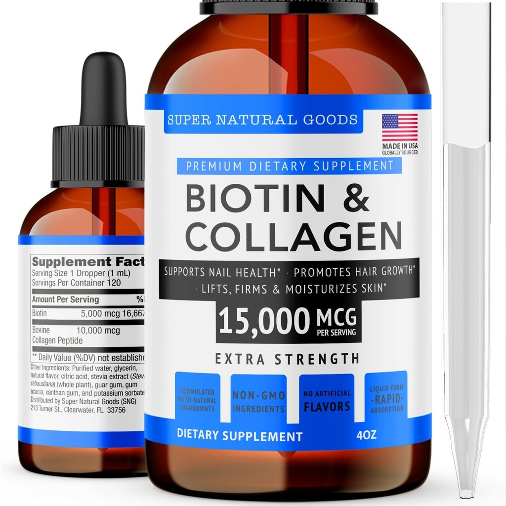 Super naturlige varer Biotin & kollagen vitaminer - Hårtap, Gut helse, anti-aldring, hudpleie og negler - Laget i USA, ikke-GMO & Cruelty Free (4 Ounce - 15 000mcg)