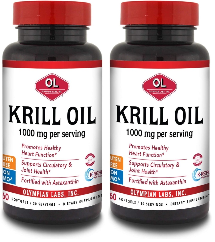 Olympian Labs Antarktiskrillolje, 1000 mg Caps med Astaxanthin, Omega-3, EPA, DHA, Immune, Joint & Brain Support, 60 Softgels (pakke med 2)
