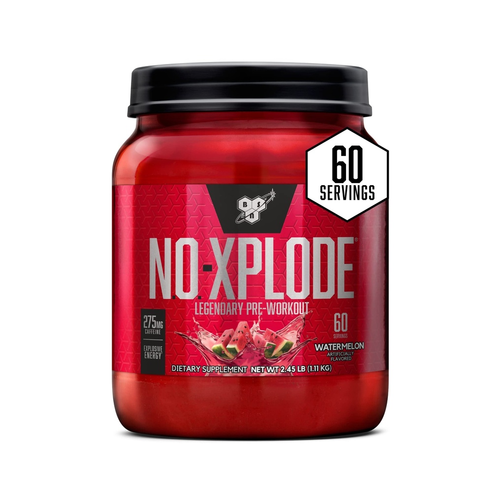 BSN N.O.-XPLODE Pre Workout pulver, energitilskudd for menn og kvinner med kreatin og Beta-Alanin, Flavor: Watermelon, 60 Serveringer