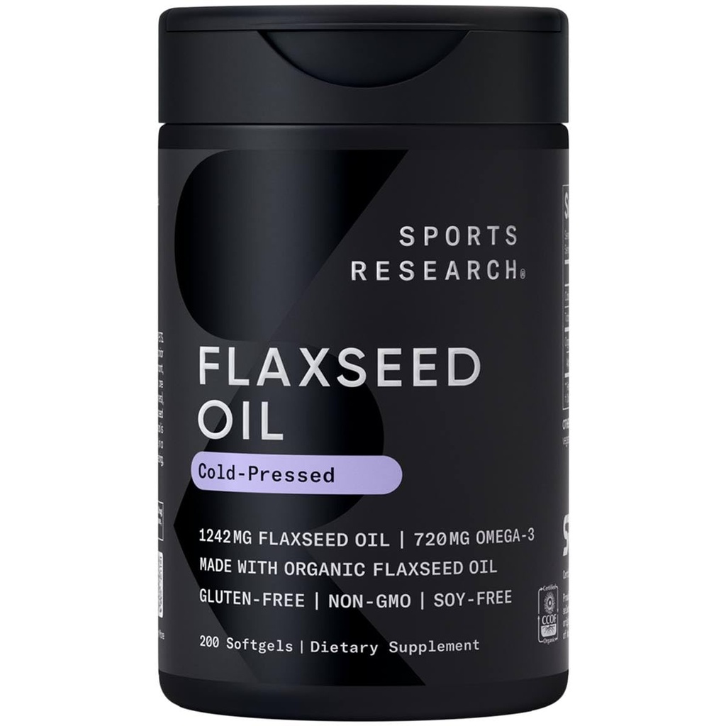Sportsforskning Flaksfrø Olje Softgels 1242mg - Plante Basert Omega 3 Supplement for kvinner og menn - Ikke-GMO Verifisert, Soya og Glutenfri (200 Count)