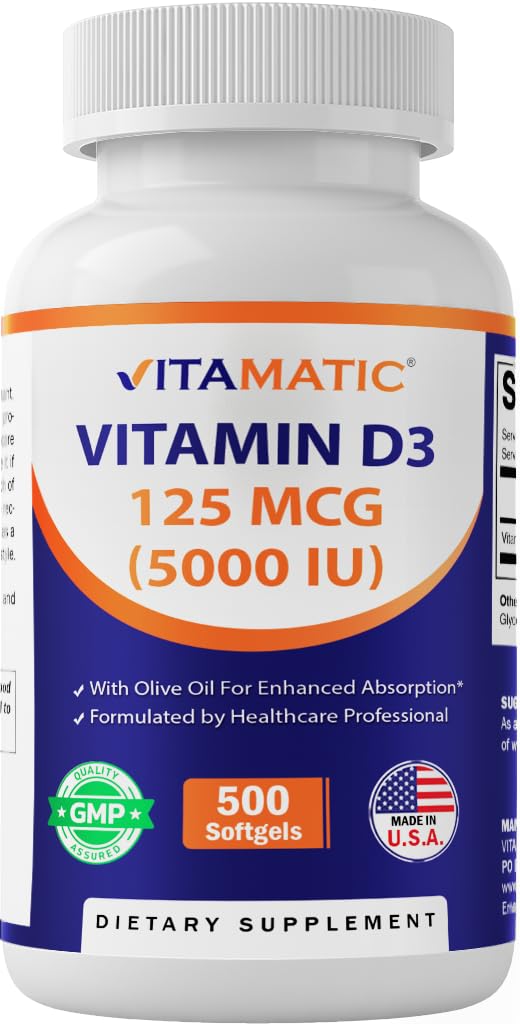 Vitamatisk vitamin D3 5000 IU (125mg) – 500 Mini Softgels Olive oljebasert formel – Cold-Pressed – 500-dagers forsyning – støtter bein, muskel og immun helse – ikke-GMO & Glutenfri
