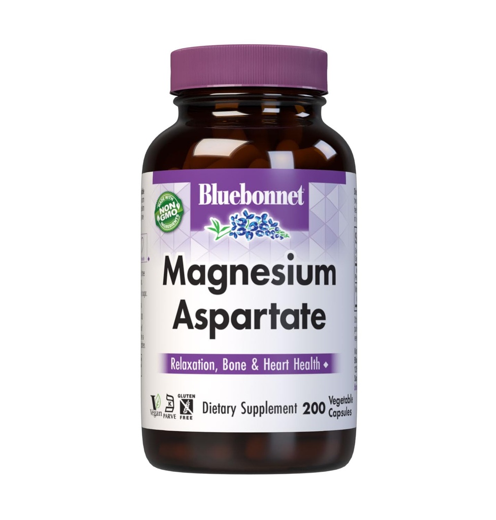 Bluebonnet Ernæring Magnesium 400 mg Chelated Magnesium Aspartate daglig Mineral, hjerte og bein støtte* Supplement for menn og kvinner Vegan, ikke-GMO - 200 Grønnsaker Kapsler