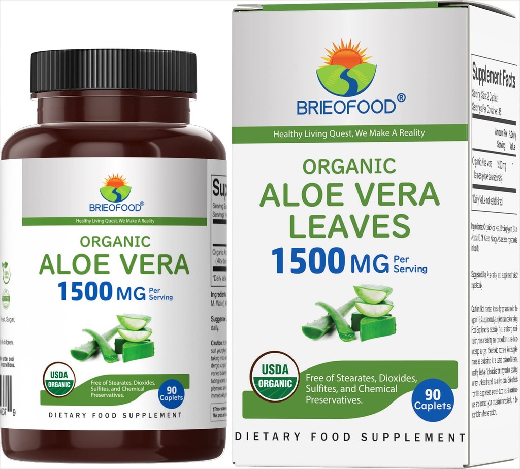 Brieofood Organic Aloe Vera 1500mg, 45 Serveringer, Vegetarisk, Glutenfri, 90 Vegetariske tabletter