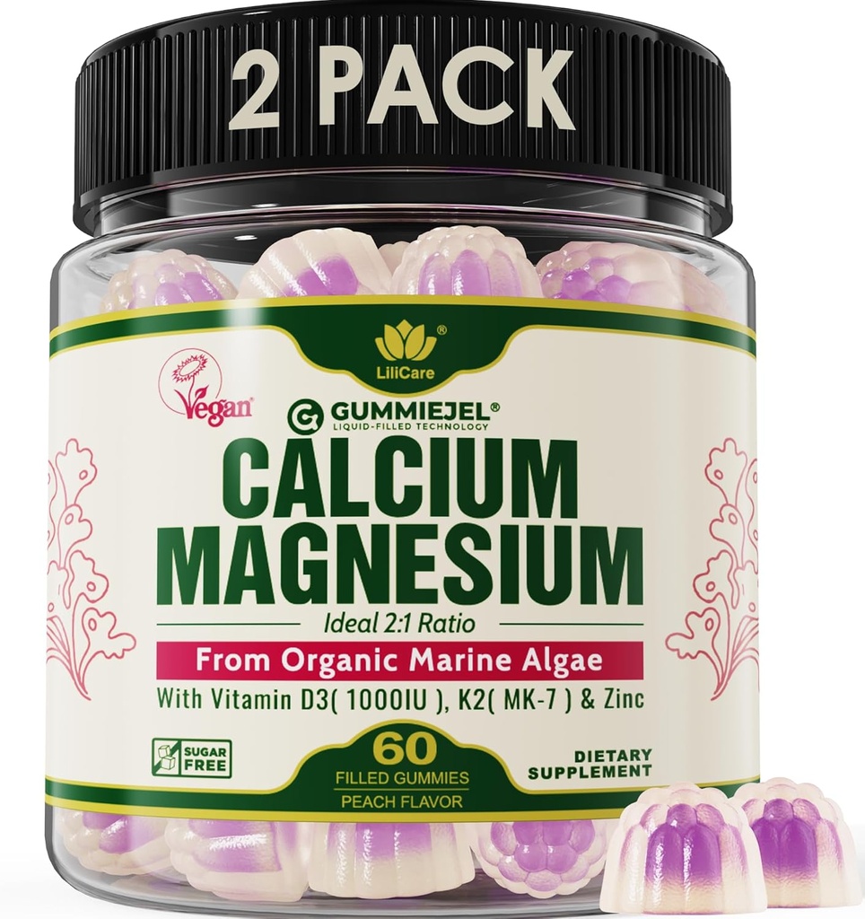 2 Pack - Plantebasert kalsium Gummies 600 mg med vitamin D3 K2, magnesium, sink for bein styrke, sukkerfri kalsiumtilskudd for kvinner og menn (sertifisert vegansk) fra Sustainable organisk rød algae