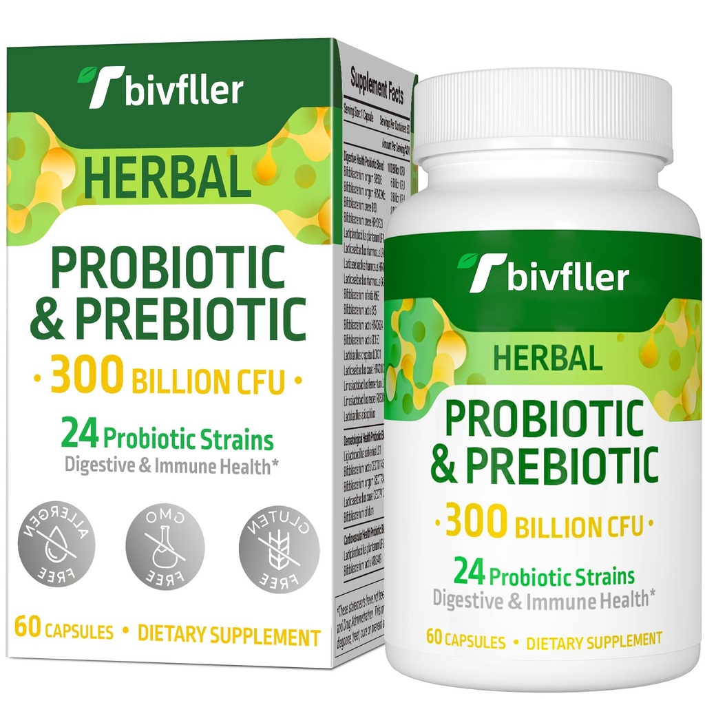 Probiotika for kvinner Men- 300 milliarder CFU, 24 strimler Probiotiske + 15 organiske urter Prebiotika Blande, Pre og Probiotika, For Digestiv Helse, Immune & Gut, Diarrea, Bloating, Vegan, 2 måneders forsyning