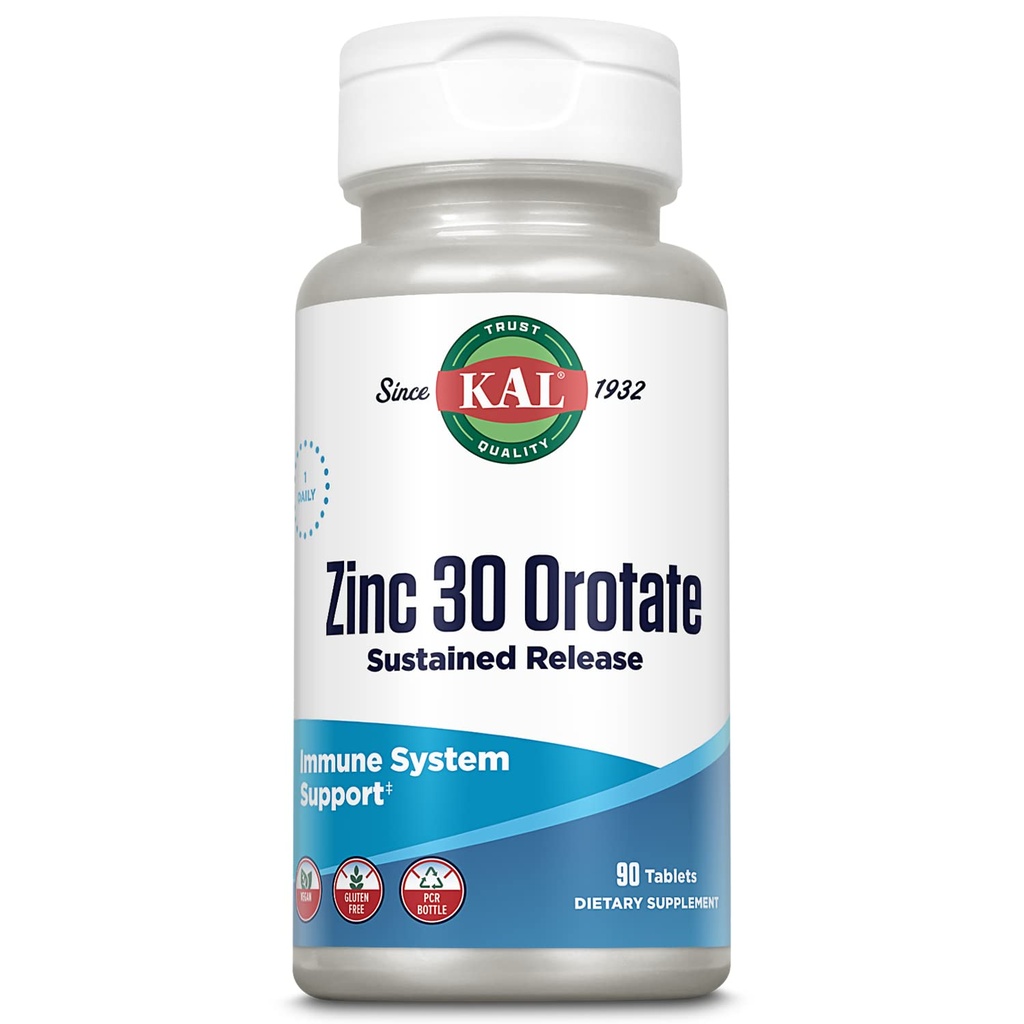 KAL Zink Orotate 30 mg, utsettelse, Chelated Zink Tabletter, immunstøtte Supplement, Proteinsyntese, Metabolisme, Energistøtte, Vegan, Glutenfri, 60-dagers garanti, 90 Serveringer, 90 tabletter