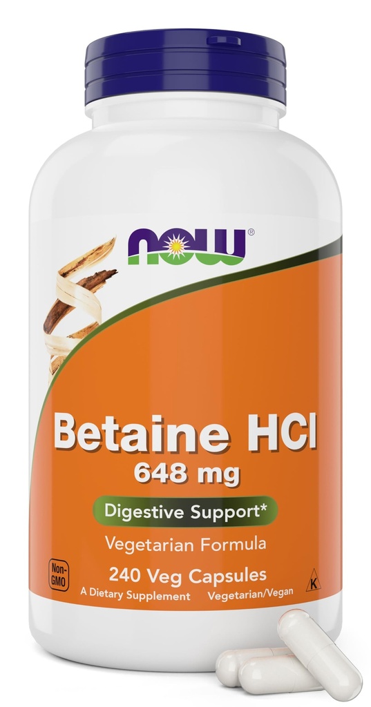 Nå Betaine HCl 648mg 240 Veg Kapsler (pakke med 2) - Digestive Enzymer Supplement - Forbedret med Pepsin Protease for Protein Digestion Support