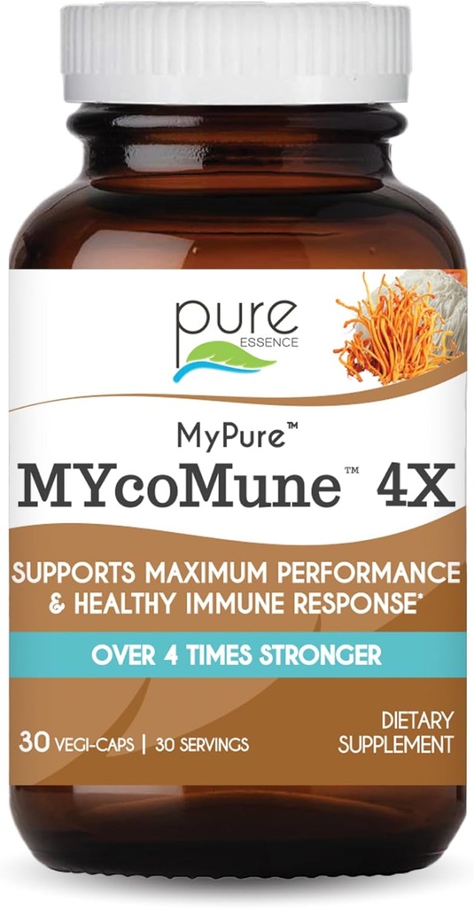 MYcoMune 4X Organic Mushroom Supplement - Reishi, Lion's Mane, Cordyceps, Chaga, Shiitake, Maitake for immunsystem, Combat Stress, Bygg energi ved ren Essence - 30 Caps
