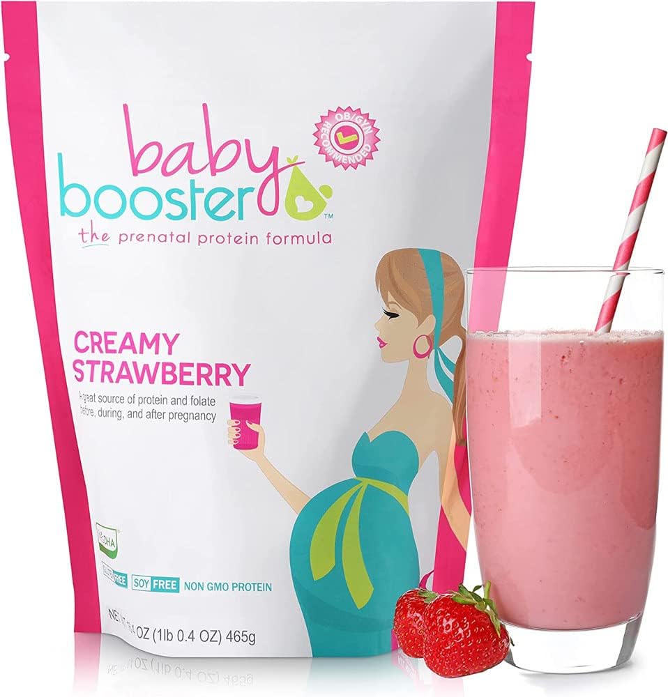 Baby Booster Graviditet Protein Powder Vitamin Supplement Shake - OB/GYN Godkjent Prenatal & Postnatal Lactation bruk - Morgensykhet Relief med vegansk DHA og Metyl Folate - Kremete jordbær, 1 lb