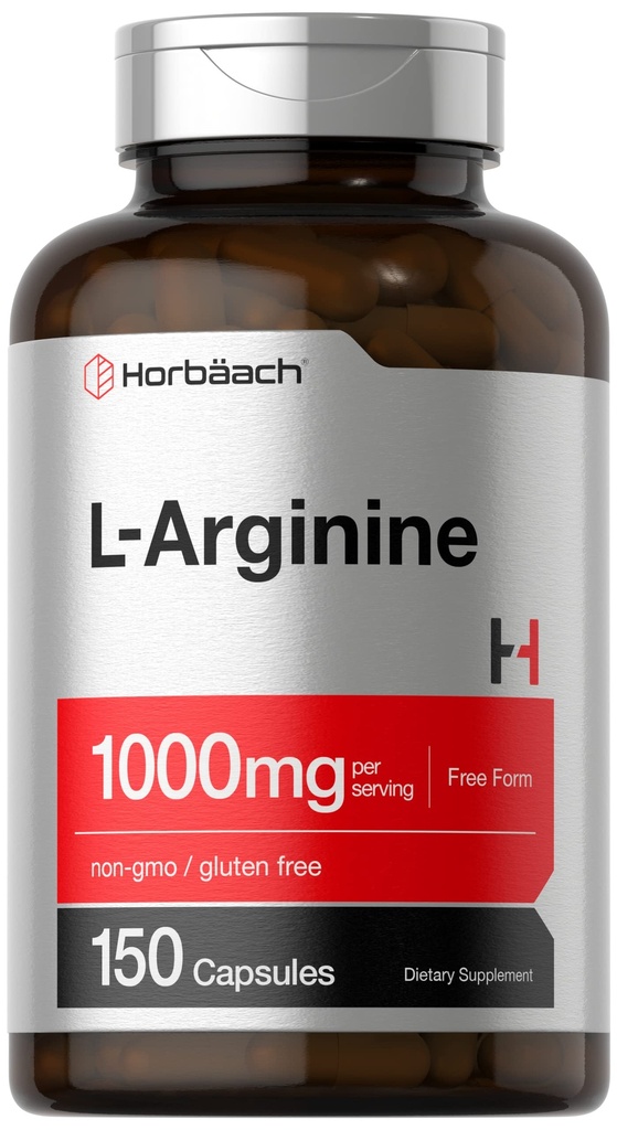 Horbäach L-arginin 1000 mg | 150 kapsler | Gratis skjema kosttilskudd | Ikke-GMO & Glutenfri