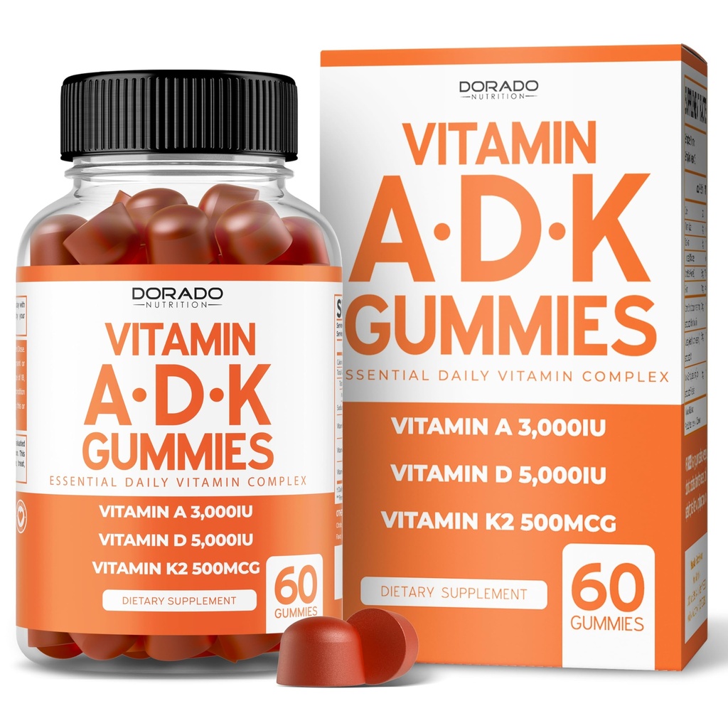 ADK Gummies Vitamin D3 K2 (60 Sukkerfrie Gummies) Vitamin D3 K2 10000iu/ 5000iu - Supplement med D & K - 10 Vegan Supplement - Delicious Raspberry Flavor - Ikke GMO & USA laget - 60 Antall