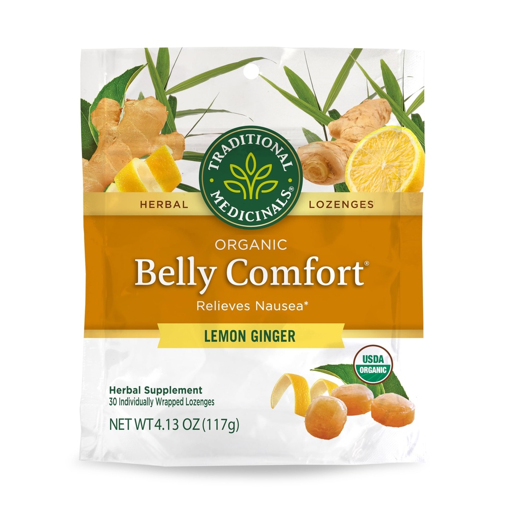 Tradisjonelle medisiner, organisk Belly Comfort Lozenges Lemon Ginger, lindrer kvalme, 30 Individuelt innpakket Lozenges