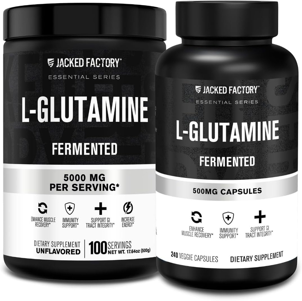 Jacked Factory L-Glutamin pulver 100 serveringer og L-Glutamin kapsler 500 mg (240 kapsler) for post trening muskel gjenoppretting, immunitet, Digestiv helse