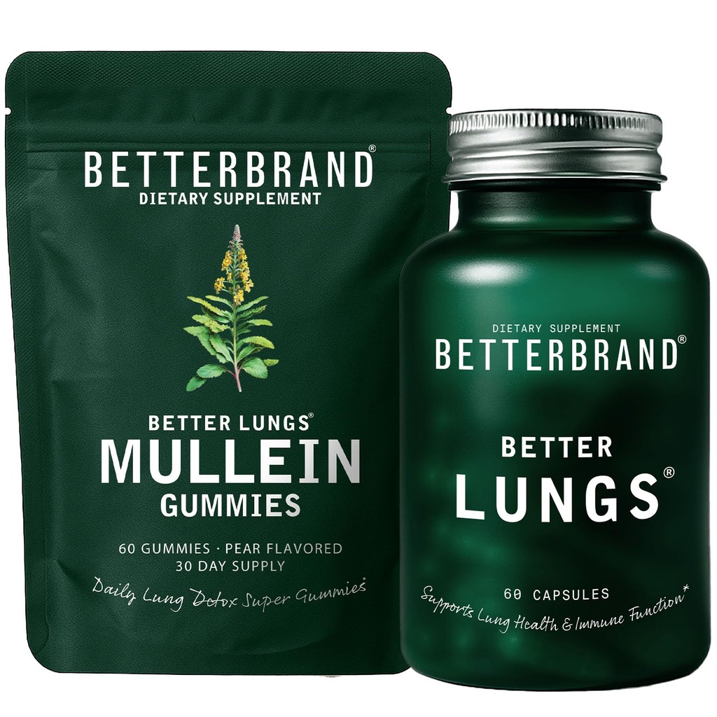 Betterbrand Bedre Lungs helsepakke - BedreLungs & Mullein Gummies - Complete Respiratorisk wellness Pack: BedreLungs & Mullein Gummies - 30 dagers forsyning