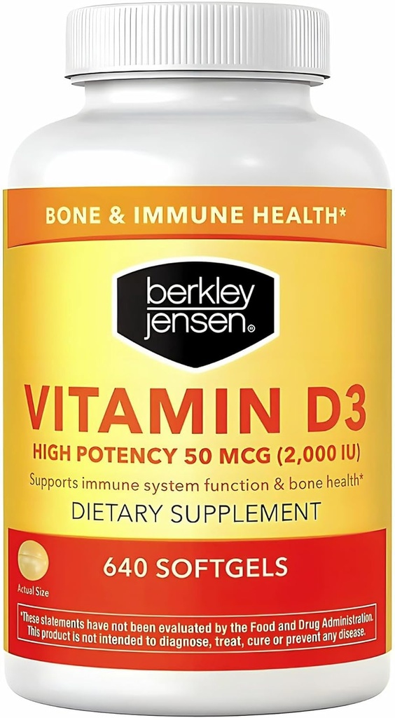 Berkley Jensen høy styrke vitamin D3 2000IU (50 mcg) (640 mcg), kosttilskudd for tenner, muskel, immunfunksjon, og bein helse, for menn og kvinner, laget i USA, 640 dagers forsyning