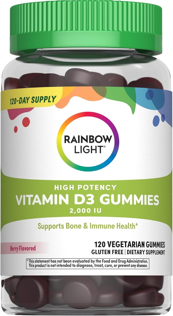 Regnbue lys D-vitamin gummier, høy potens vitamin D3 2.000IU immun helse støtte, hjelper støtte sterke bein og tenner, glutenfri, vegansk, berry, 120 gummier