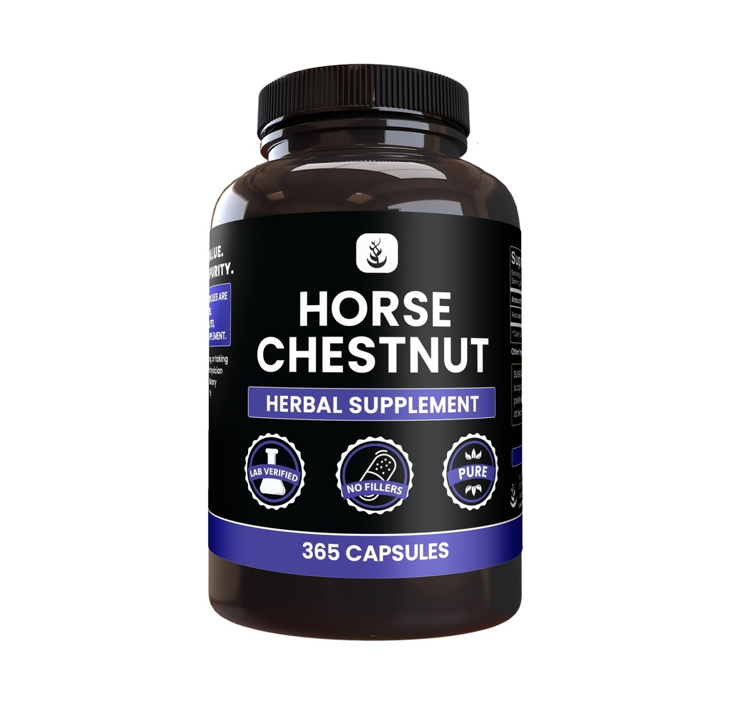 PURE ORIGINALE INGREDIENTS Hestekastnut (365 kapsler), ingen magnesium eller risfyllere, alltid ren, Lab verifisert