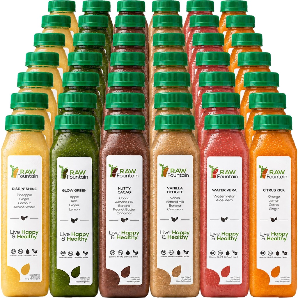 7 dagers proteinjuice renser av rå fonten, alle naturlige rå detox renser, kalde pressede frukter, grønnsaker, vanilla og sjokolade flavor, tastig og energiserende, 42 flasker 12oz, 3 Ginger Shots