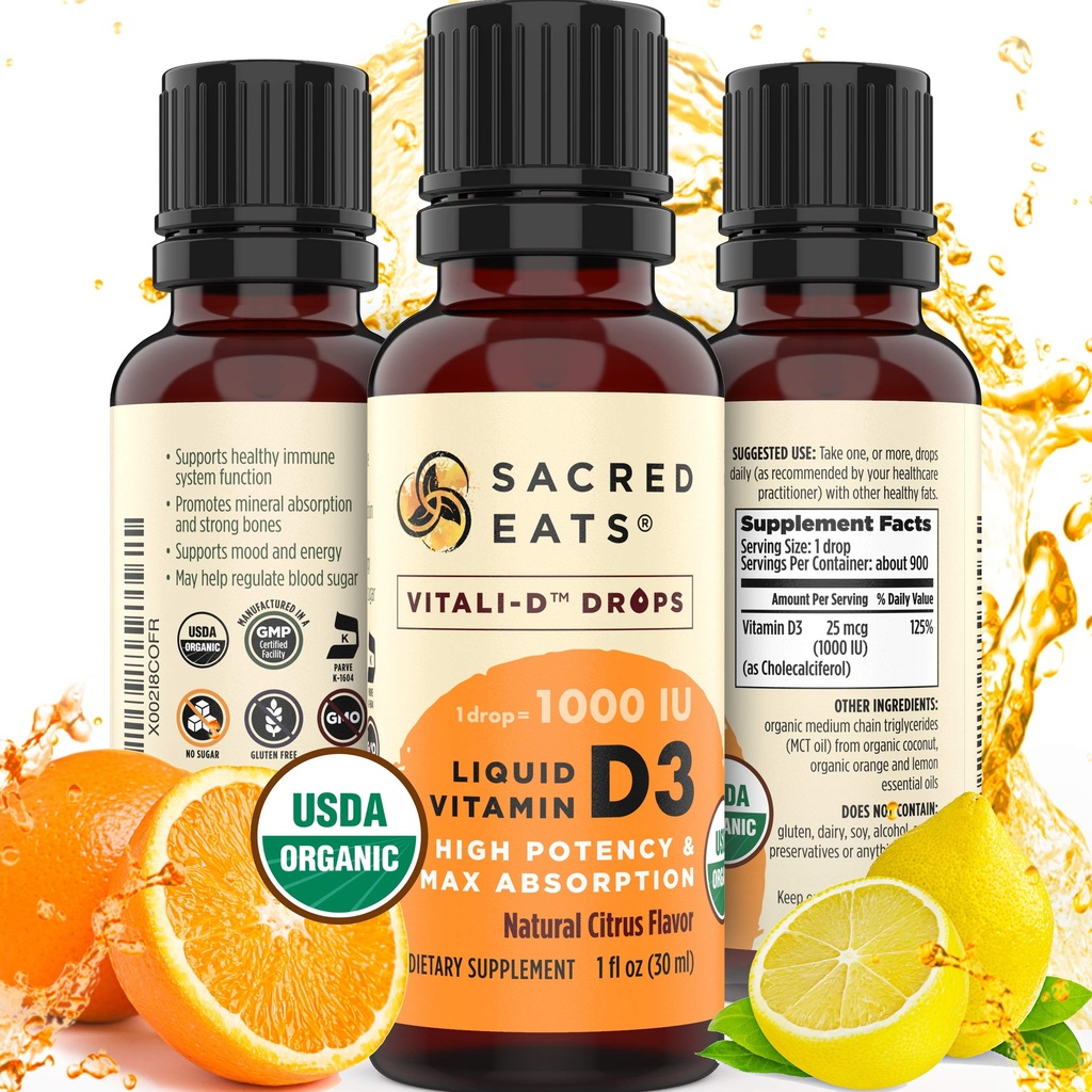 Økologisk flytende D-vitamin faller for barn og voksne, sukkerfri. Lett å bruke 1000 IU/Drop i Coconut MCT olje. Varer måneder, Best for høye doser. Max Absorpsjon VIT D3 Supplement. Flott smak (Citrus)