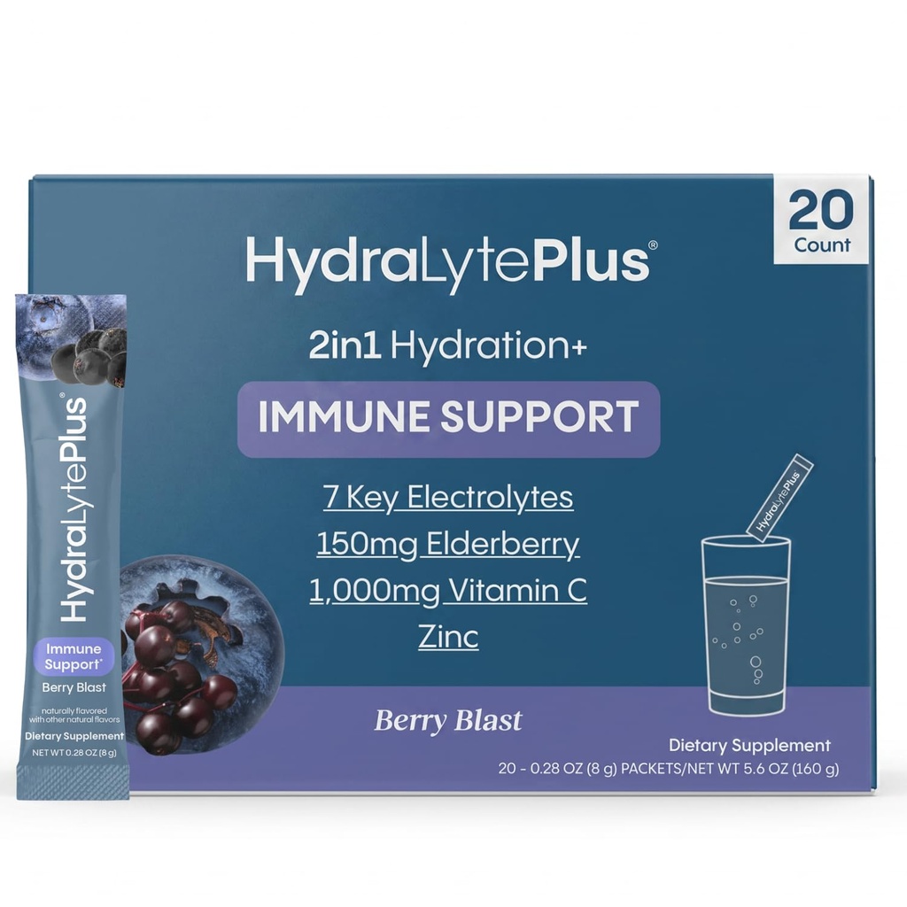 Hydralyte Electrolytes Plus Immunity, Elderberry - Lav Sukker Rapid Rehydrering pulver - lett sparking Electrolyte pulver pakker med 1000 mg vitamin C og 300 mg Elderberry (8oz Servere, 20 greve)
