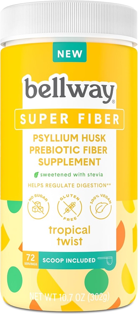 Bellway Super Fiber Supplement pulver - Psyllium Husk pulver, sukkerfri, vegansk, Glutenfri, Tropisk Twist, 72 Serveringer