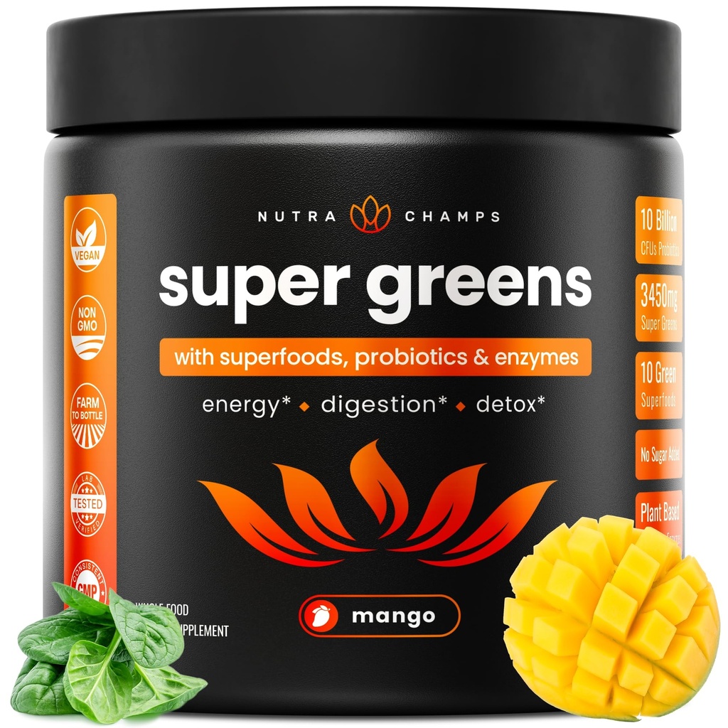 NutraChamps Super Greens Powder Premium Superfood ® 20+ Organisk Grønn Veggie Hele matvarer ® Hvete Gras, Spirulina, Klorella ® Antioksidant, Digestive Enzyme & Probiotiske blandinger (9,0 OZ, Mango)