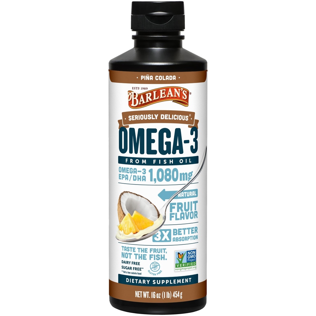 Barlean omega 3 fisk olje flytende kosttilskudd for menn og kvinner, Pina Colada, 1080mg EPA og DHA fettsyre, 16 oz