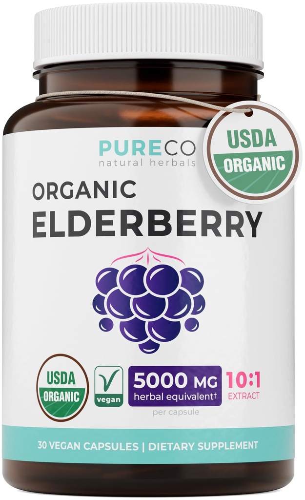 Organic Elderberry Capsules - 10:1 Ekstrakt lik 5000 mg ferske eldrebær (vegan) for immunstøtte, Allergy, Sinus Relief - Sambucus Nigra - Black Elderberry - 30 Caps (ingen piller eller gummier)