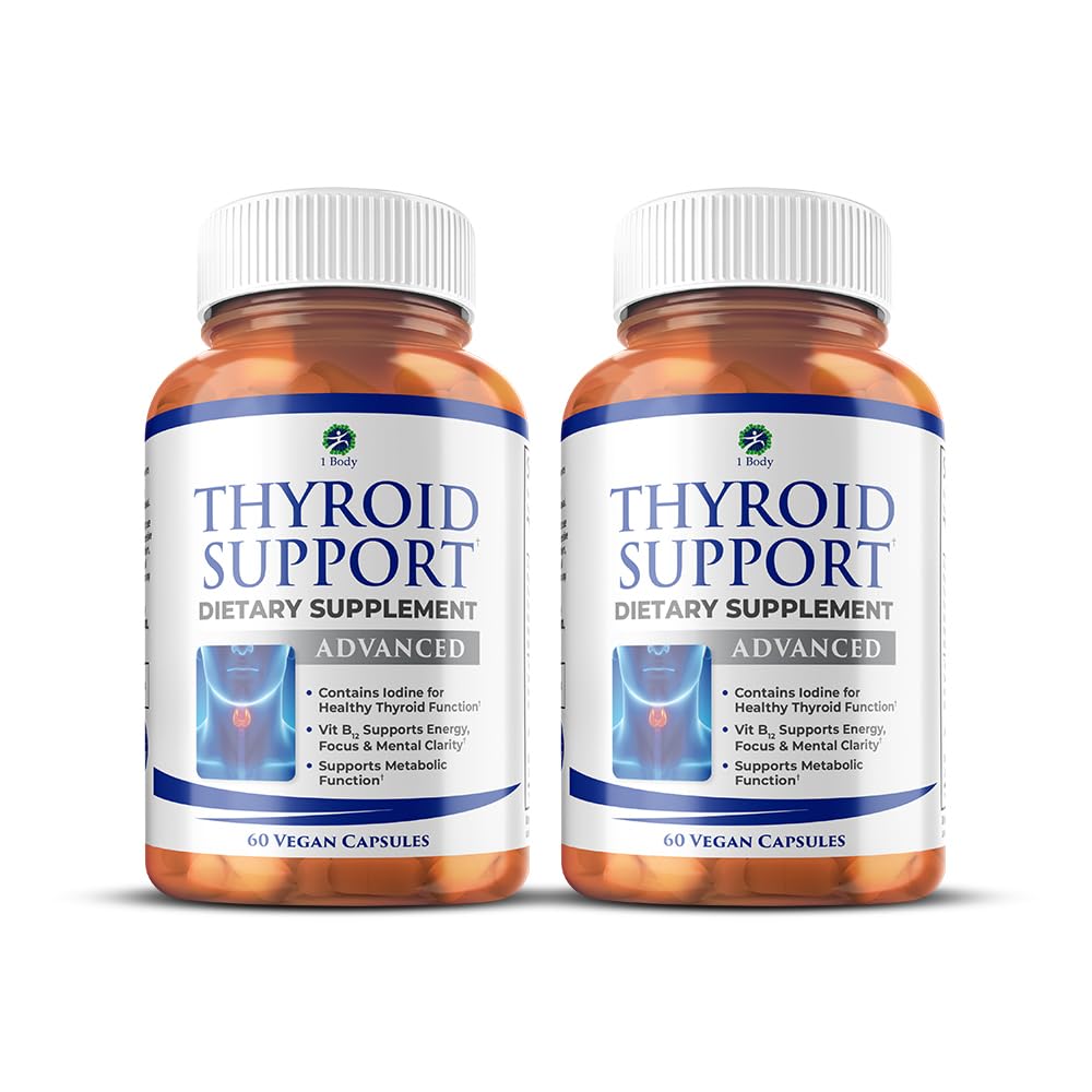 1 Body Thyroid Support Supplement, 90-dagers forsyning, 2 pakke med B12, jodin, sink, selenium, ashwagandha, ikke-GMO vegetarisk formel