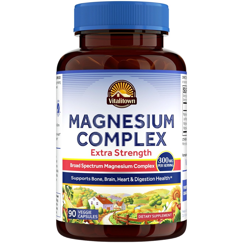 Vitalitown Magnesium Kompleks Supplement | 300mg Elemental Mag | Magnesium Citrat Glycinat Taurate Malat | Non-GMO, No Gluten, 90 Vegan Magnesio Kapsler for Bone Hjerne Hjerte
