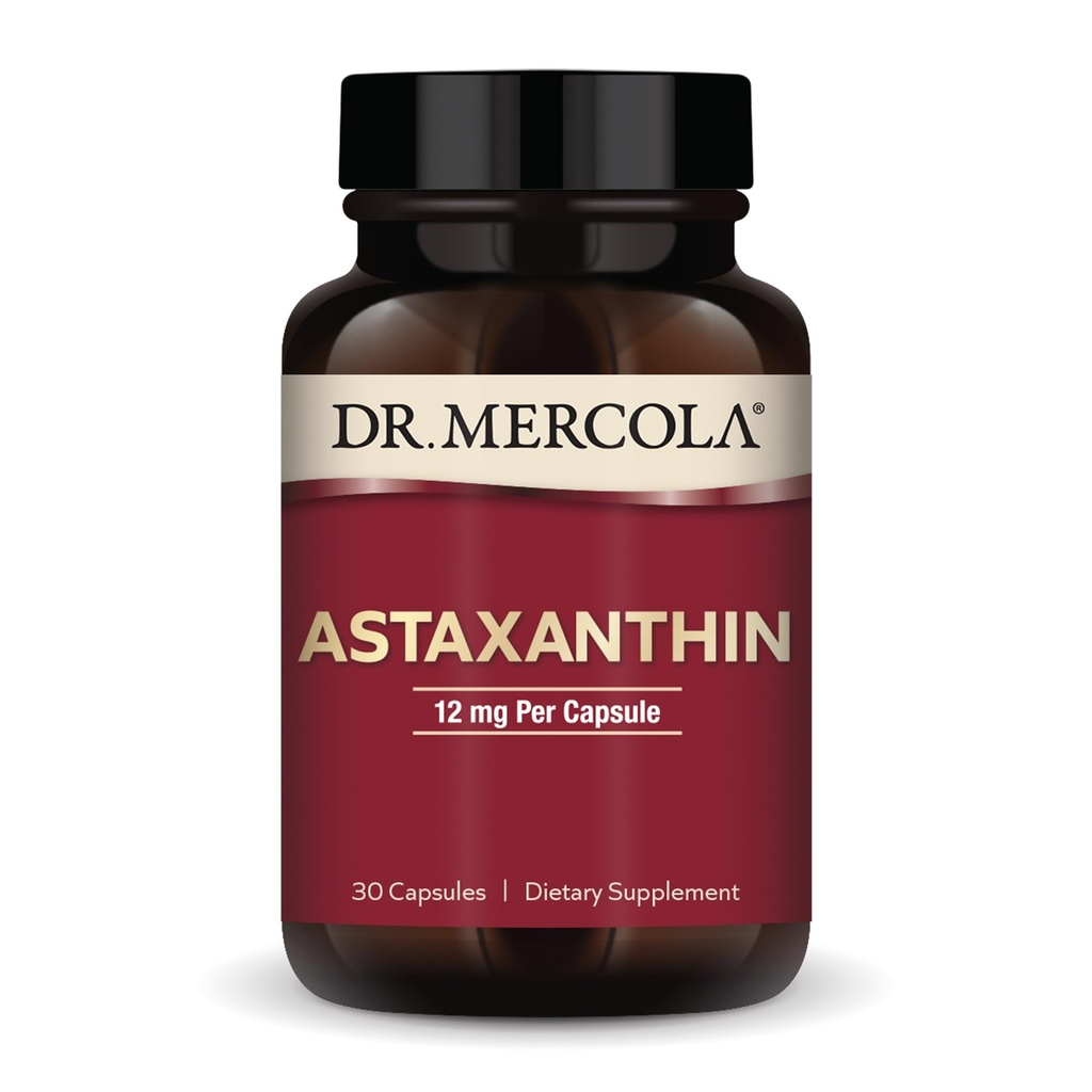 Dr. Mercola Organic Astaxanthin - 12 mg Astaxanthin - Kraftig Antioksidant Support - Organic Microalgae Extract - Ikke-GMO, Glutenfri og soya-fri - 30 Kapsler (30 Serveringer)