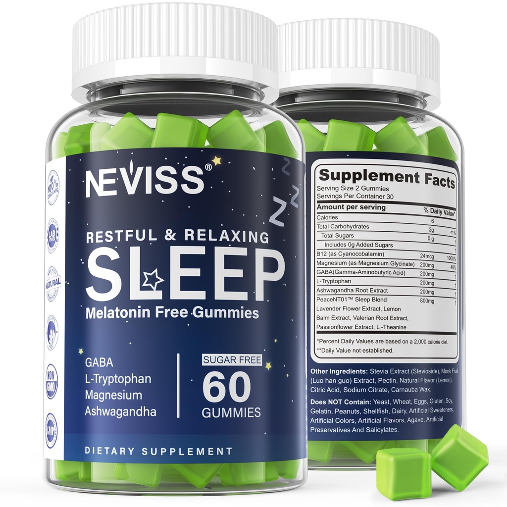 NEVISS Melatonin Free Sleep Aid Gummies for voksne - Magnesium Glycinate Gummies GABA, L-Tryptophan, Magnesium, Ashwagandha - Ikke-Habit Forming, Hjelp for dyp avslapping - Vegan, Lemon Flavor, 1Pack