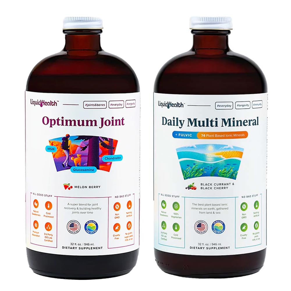 LIQUIDHEALTH Optimum Joint Glucosamine Chondroitin Supplement og daglig Multi Mineral Multivitamin Bundle for menn & kvinner - Sea Trace Minerals, Bone & Joint Helse, Immunstøtte - laget i USA, Ikke-GMO