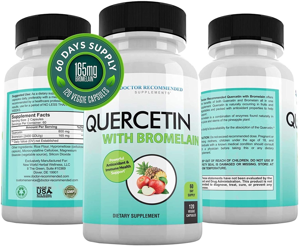 DOCTOR FORSVARER Quercetin 800mg w/bromelain 165mg Per Serving- 120 Veggie Capsules-Full 60 dagers forsyning, vitamintilskudd til støtte og bioflavonoider, Glutenfri, ikke-GMO