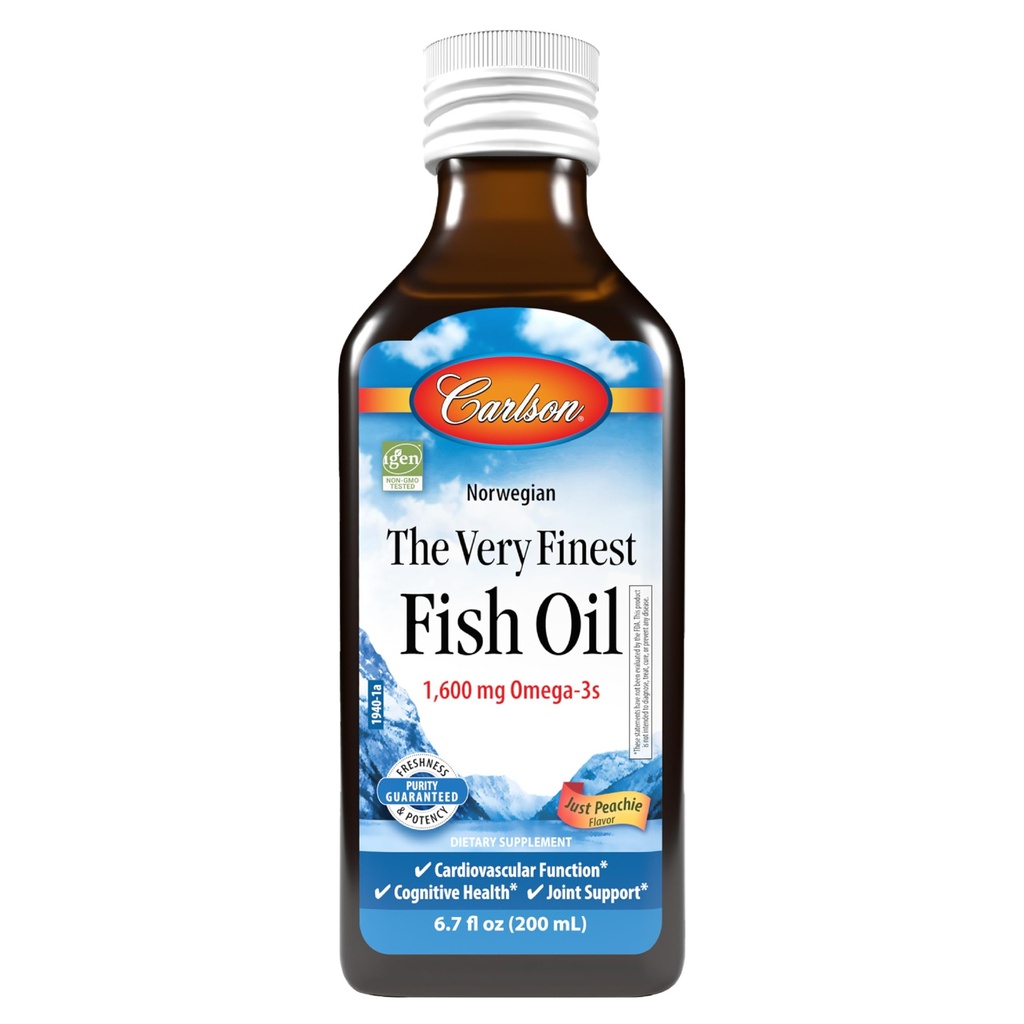 Carlson - Den mest fineste fiskeolje, 1600 mg Omega-3s, flytende fiskeolje Supplement, norsk fiskeolje, Wild-Caught, Sustainablely Sourced Fish Oil Liquid, Bare Peachie, 200 ml (6,7 fl Oz)