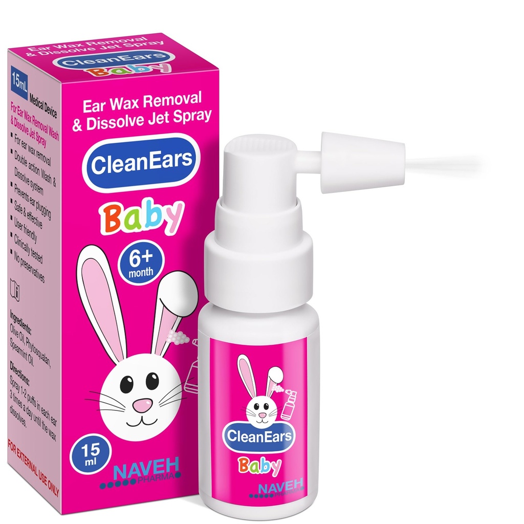 NAVEH PHARMA® CleanEars Baby | Raskpåført ørevoksfjerningssprøyte | Bryter ned og løser ørevoks i bare 1 behandling | klinisk bevist å være 300% mer effektiv | Mineralolje, Gentle&Safe | 0,5 OZ