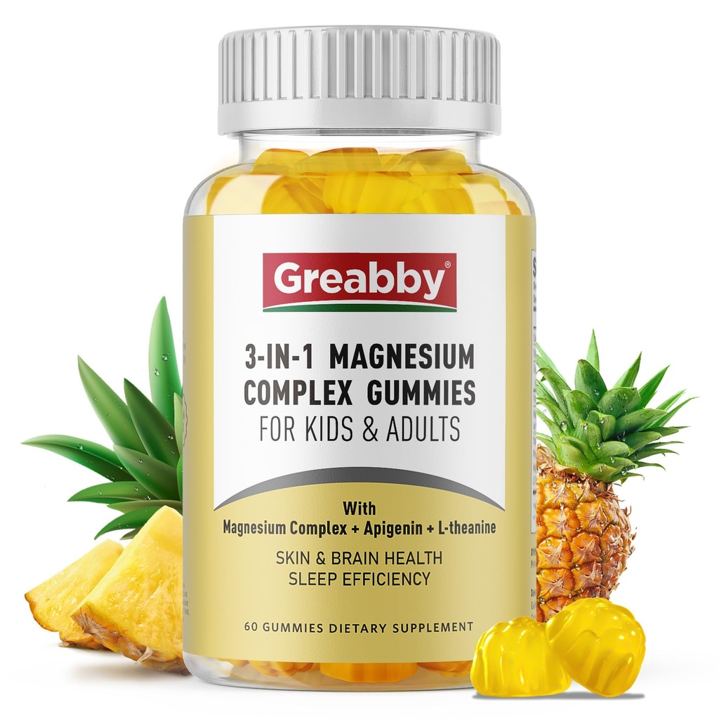 Triple Magnesium Complex Gummies - 800mg Magnesium Glycinat & Citrat, Apigenin & L-Theanin, for barn og voksne, naturlig søvn og muskelkramper (60 greve)