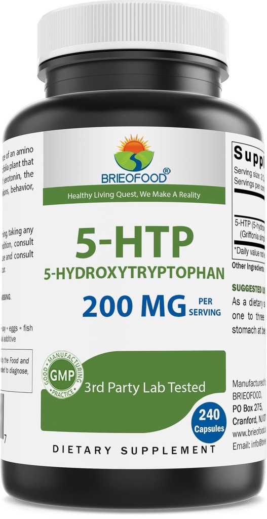 Brieofood 5-HTP 200mg per servering - 240 kapsler - 5-hydroxytryptophan for sunn avslapning - 3rd Party Lab Testet