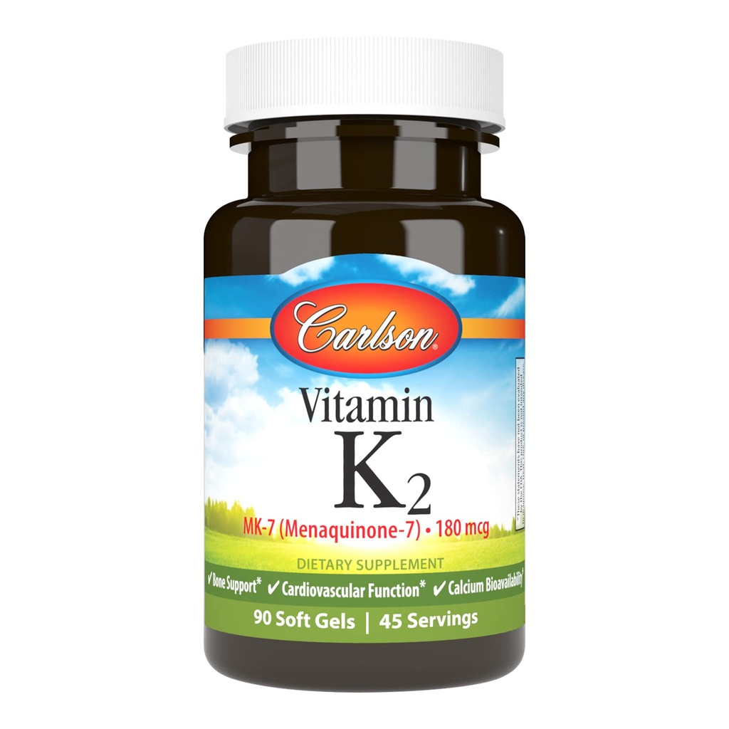 Carlson - Vitamin K2 MK-7 (Menaquinone), 180 mHg, Beinstøtte, Kalsium Biotilgjengelighet, K2 Vitamin, vitamin K-2, 90 Softgels