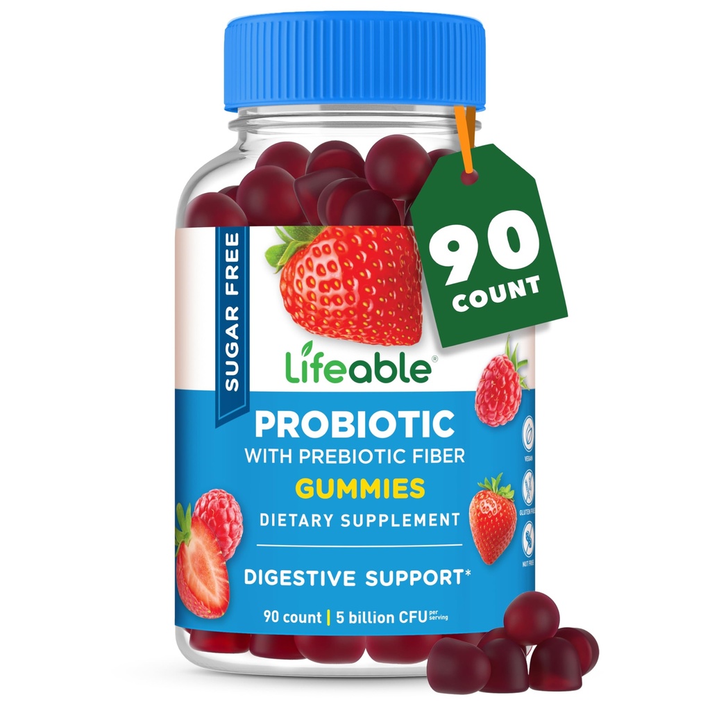 Livbart sukkerfri probiotika med prebiotika Fiber – Great Tasting Natural Flavor Gummy Supplement – Keto Vennlig Chewable – for Gut helse og immunstøtte – for voksne, mann, kvinner – 90 Gummies