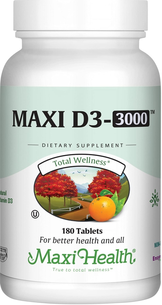 Maxi Helse Vitamin D3 3000 IU 75 mcg vitamin D Supplement for sunne bein, tenner, immunstøtte - VIT D3 Supplement lett å svelge ikke-GMO, Supplement for menn og kvinner - Kosher (180 tabletter)