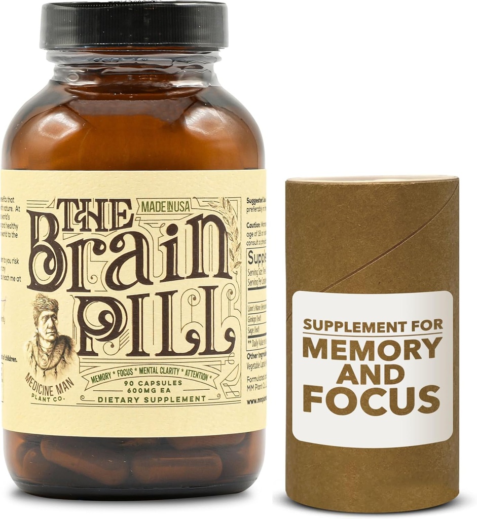 Brain Pill 90 Capsules - Organic Brain Booster Supplement - minnepiller for hjerne w / Ginkgo Biloba Capsules, Lion's Mane & Sage - Brain Booster Supplement for fokus, minne, klarhet, energi