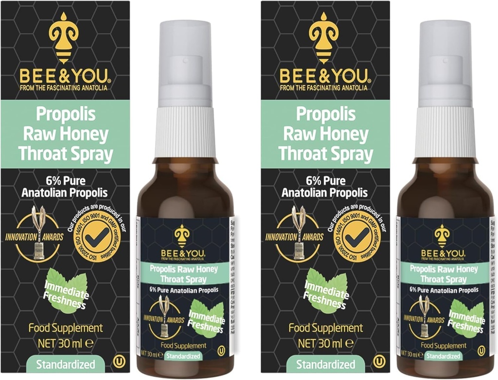 Bee and You Raw Honning Throat Spray, 100% ren propolis Ekstrakt, Immunstøtte, Sore Throat & Congestion Relief, Oral Helse, Antioksidanter, Naturlig, Keto, Paleo, Glutenfri | 1 FL Oz (Pack of 2)
