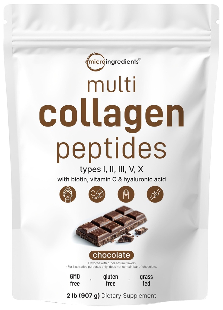 Mikroingredienser Multi collagen Peptider pulver, 2lb | Type I, II, III, V, X + Biotin, Vitamin C & Hyaluronsyre | Sjokolade flavor | støtter hår, hud og felles helse | Keto, ikke-GMO