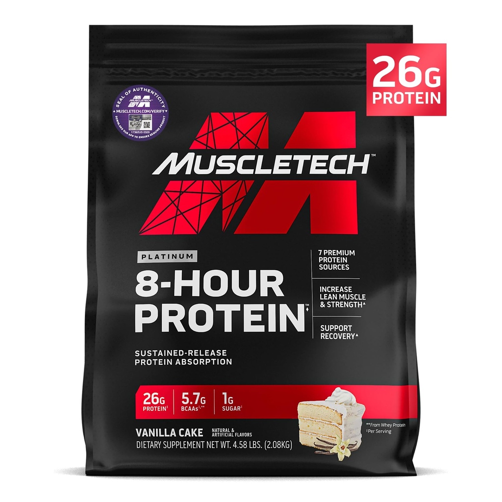 MuscleTech Platinum 8-Hour Protein pulver - 7 Premium Protein kilder med Whey & Casein Protein for økt lean muskel, styrke og forbedret gjenoppretting - Vanilla Kake, 50 Serveringer