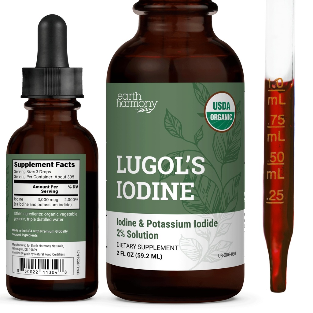 Organic Lugol iodin, jodin og kalium jodid 2% løsning 3000 mg - flytende kosttilskudd dråper for tyroid støtte for kvinner og menn, metabolisme helse, Detox Boost - Non-GMO, 395 Services (2 Oz)