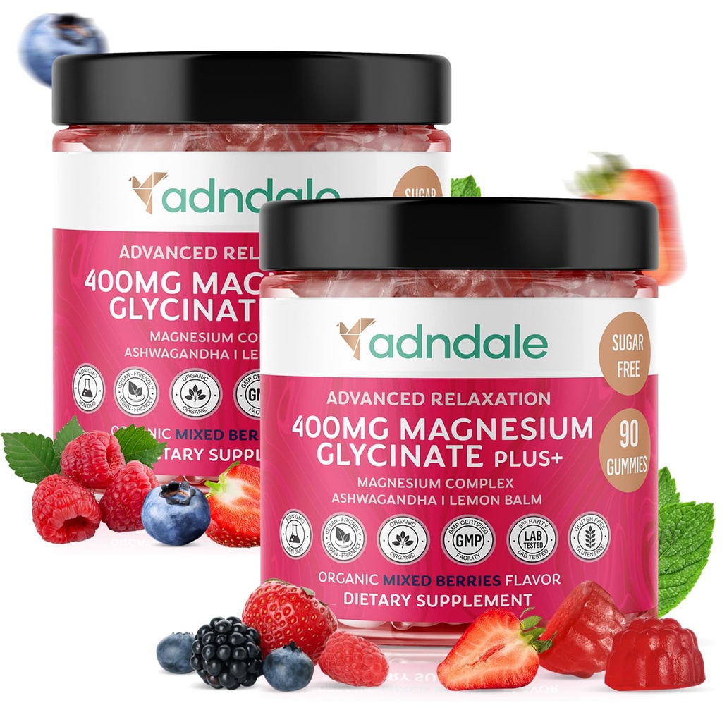 Adndale 180 CT Magnesium Glycinate Gummies 400 mg/Serv, med Ashwagandha, Magnesium Malat & Taurate, Sukkerfri Chews for voksne og barn.