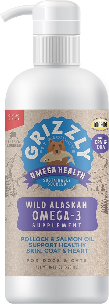 Grizzly Pet Produkter Omega Helse flytende Omega-3 Supplement for hunder og katter, 16 Ounce Flaske