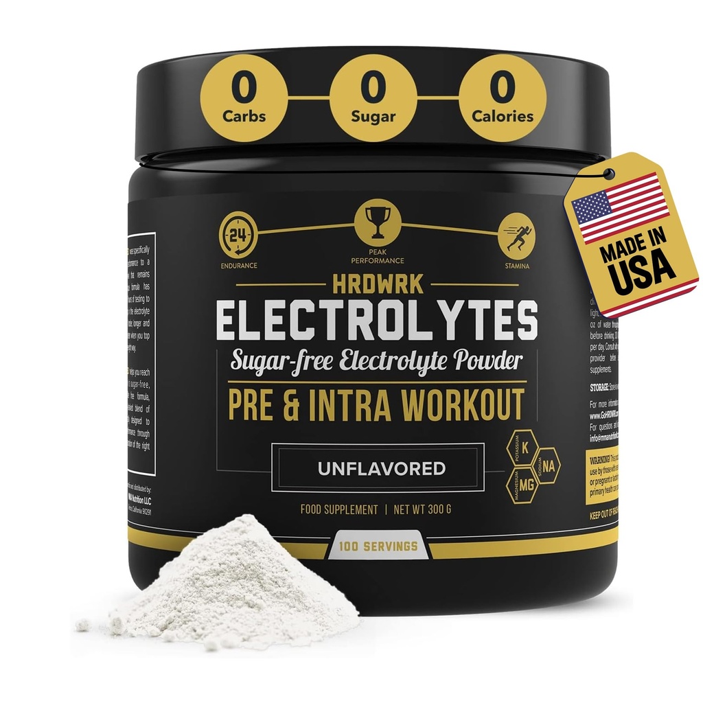 HRDWRK - Electrolytes pulver ketohydrasjon sukkerfri med magnesium, kalium og natrium - 100 serveringer | Økt utholdenhet og redusere tretthet med dette elektrolyter Supplement - Maksimal hydrasjon