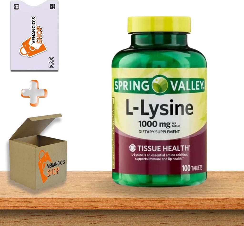 L-Lysine 1000 mg Tabletter • Immunstøtte og hud helse • 100 greve ved Spring Valley + Venas klistremerke (pakke med 1)